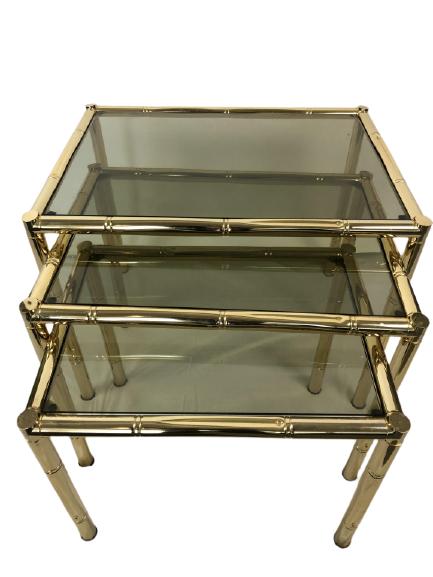 VTG 3 BRASS FAUX BAMBOO NESTING TABLES 22" (1 of 5)