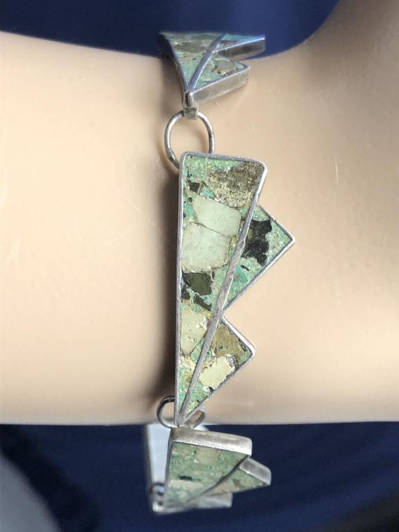 TAXCO MEXICO GREEN STONE STERLING SILVER BRACELET (1 of 6)