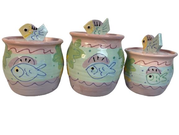 VTG  FISH AND PALM TREE CANISTER SET SIGNED (1 of 7)