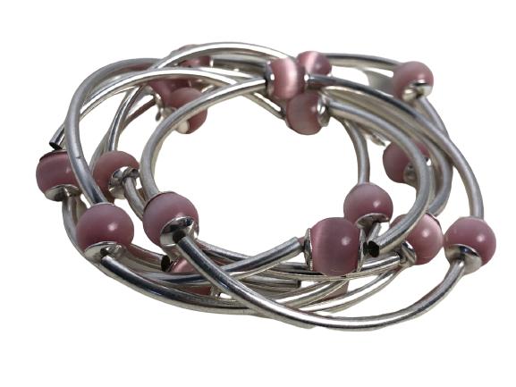 SET OF 6 SILVER/PINK BEADED BANGLE BRACELETS (1 of 3)