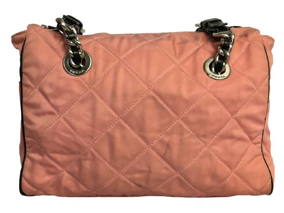 VTG PRADA MILANO PINK & BLACK PILLOW HANDBAG: VTG PRADA MILANO PINK & BLACK PILLOW HANDBAG - VINTAGE PRADA PURSE- 7-1/2" X 10" X 4"- DAL 1913- ZIPPER CLOSURE- BLACK LEATHER AND CHAIN SHOULDER STRAPS- 2 EXTERIOR POCKETS- 1 ZIPPERED INTERIOR POCKET