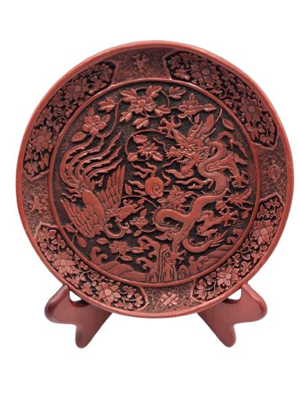 VTG ASIAN CARVED CINNABAR RED LACQUER PLATE 7.5" (1 of 5)