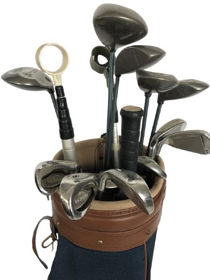 LOT OF CALLAWAY GOLF CLUBS AND DRIVERS W BAG: LOT OF GOLF CLUBS AND DRIVERS W GREGORY PAUL LEATHER ACCENT BAG DIVINE NINE HEAVENWOOD GREAT BIG BERTHA WAR BIRD -GOOD VINTAGE CONDITION CONSISTENT WITH AGE AND USE-DP12621