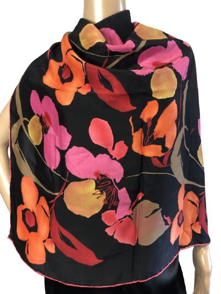 VTG ELLEN TRACY BLACK/PINK/ORANGE SILK SCARF 31" (1 of 5)