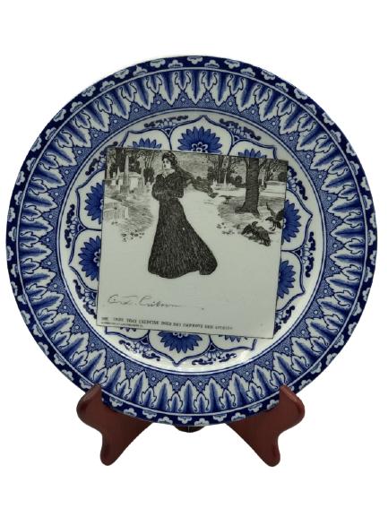 ANTIQUE ROYAL DALTON BLUE & WHITE PLATE 10.25": ANTIQUE ROYAL DALTON BLUE & WHITE PLATE " SHE FINDS THAT EXERCISE DOES NOT IMPROVE HER SPIRITS" COLLECTIBLE PLATES CHARGERS WALL ART HOME DECOR-10.25" APPROX DIAMETER-VERY GOOD CONDITION, NO CHIPS, SL