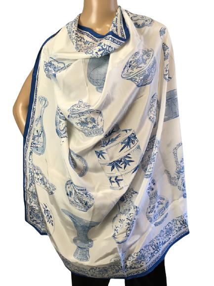 VINTAGE XAVIER BLUE & WHITE SILK SCARF (1 of 6)