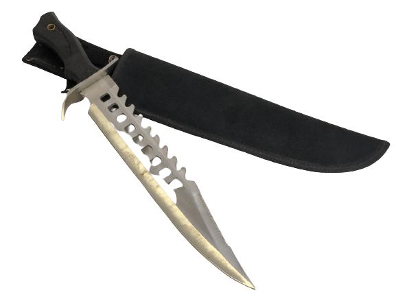 TIGER TOOTH STAINLESS BOWIE HUNTING KNIFE & SHEATH: TIGER TOOTH STAINLESS BOWIE HUNTING KNIFE & SHEATH-11" BLADE-4" -GOOD VINTAGE CONDITION, SOME WEAR TO SYNTHETIC HANDLE AND NYLON SHEATH CASE