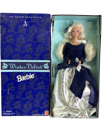 VTG BARBIE "WINTER VELVET" BY MATTEL / AVON 1995: VTG BARBIE "WINTER VELVET" BY MATTEL / AVON SPECIAL LIMITED FIRST EDITION IN ORIGINAL BOX WITH GOWN 1995 COLLECTIBLE BARBIE AND KEN FASHION TOYS AND DOLLS -VERY GOOD CONDITION IN BOX -DP12320