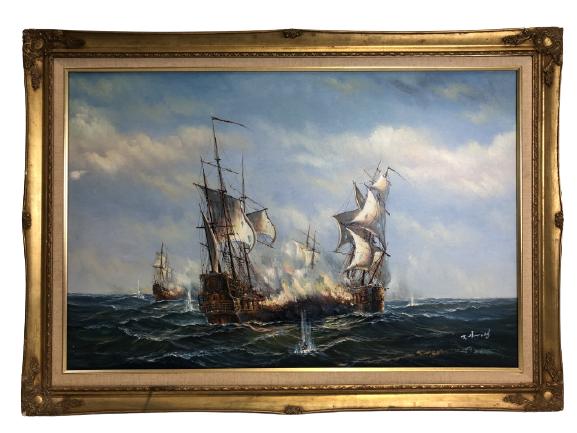 J. HARVEY BATTLESHIP SCENE FRAMED OIL PAINTING 41" (1 of 9)