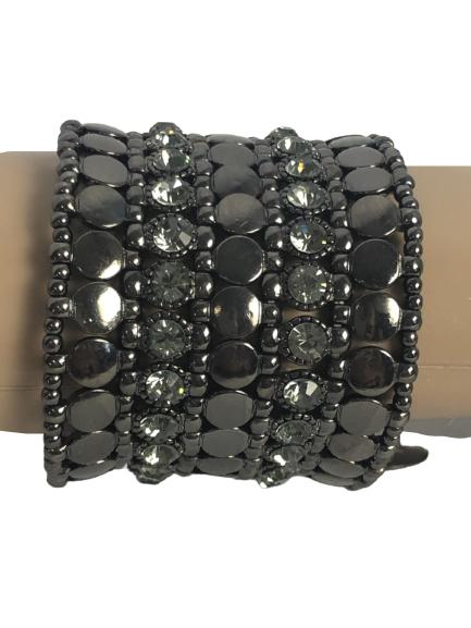 VTG CARA NY METAL STRETCHY CUFF BRACELET 2" WIDE: VTG CARA NY METAL STRETCHY CUFF BRACELET 2" WIDE - MULTIPLE LAYERS OF GUNMETAL BEADS & STONES - VERY GOOD VINTAGE CONDITION