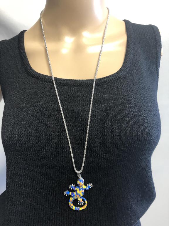 BETSEY JOHNSON NWT GECKO PENDANT NECKLACE 17": BETSEY JOHNSON NWT GECKO PENDANT NECKLACE 17" - LONG SILVER CHAIN - GECKO IS BLUE, YELLOW & ORANGE ENAMEL - ADJUSTIBLE CLOSURE