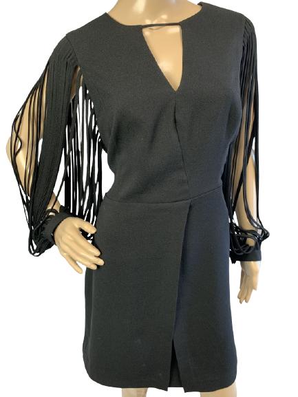 HALSTON BLACK DRESS W/ CUFFED FRINGE SLEEVES SZ 14: HALSTON BLACK DRESS W/ CUFFED FRINGE SLEEVES SZ 14 - CLASSY HALSTON HERITAGE LITTLE BLACK DRESS WITH BUTTONED FRINGE SLEEVES - SIZE 14 - KEYHOLE NECKLINE - LAYERED SLIT ON FRONT OF SKIRT - BACK HAS A
