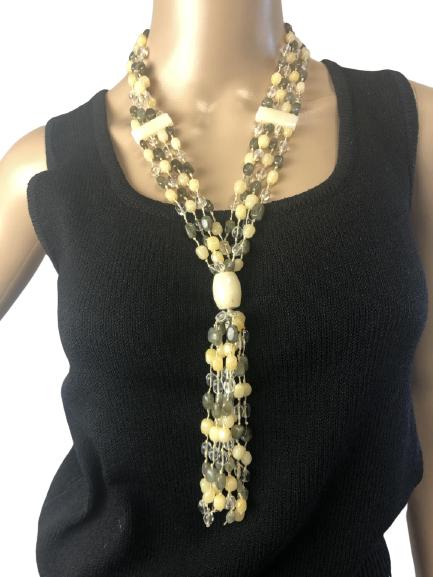 VTG CREAM & GRAY GLASS BEADED TASSEL NECKLACE 18" (1 of 4)