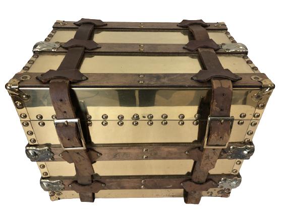 VTG BRASS MIRROR FINISH LEATHER STRAP TRUNK 16" (1 of 13)