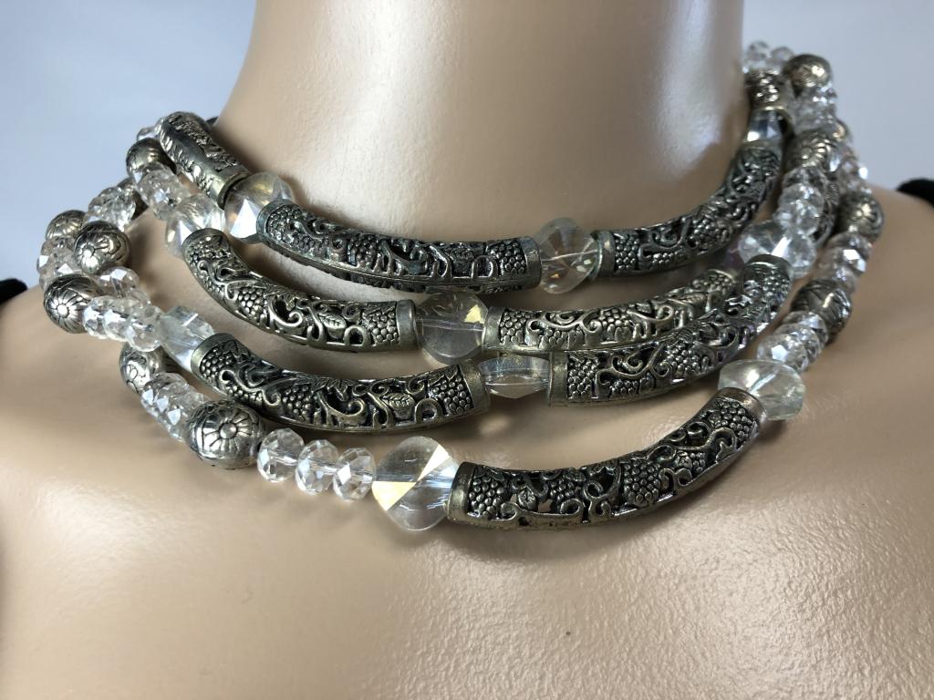 VTG 4-STRAND SILVER & CLEAR BEAD CHOKER 9": VTG 4-STRAND SILVER & CLEAR BEAD CHOKER 9" - FLOWER ENGRAVED SILVER BEADS AND CLEAR STONES - BEAUTIFUL OVAL SAFETY CLOSURE W/OPALESCENT STONE - VERY GOOD VINTAGE CONDITION