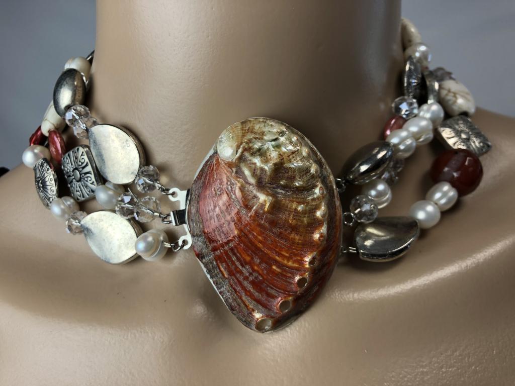 VTG SILVER & RUST BEAD CHOKER W/SHELL PENDANT 9" (1 of 4)