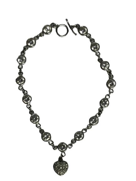 VTG SILVER & CRYSTAL BRACELET/ANKLET 9.5" LONG: VTG SILVER & CRYSTAL BRACELET/ANKLET 9.5" LONG - TINY CRYSTAL HEART DROP - TOGGLE CLOSURE - VERY GOOD VINTAGE CONDITION