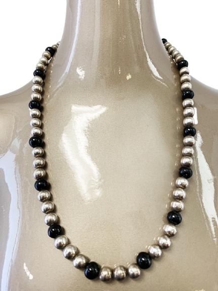 TAXCO STERLING SILVER BALL BEADS ONYX NECKLACE (1 of 7)