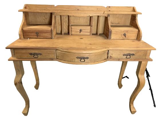 VTG RUSTIC FARMHOUSE NATURAL WOOD SECRETARY DESK: VTG RUSTIC FARMHOUSE NATURAL WOOD SECRETARY DESK WITH ROUNDED FRONT AND 6 STORAGE DRAWERS ORIGINAL HARDWARE AMERICAN TRADITIONAL FARMHOUSE RUSTIC HOME DECOR UNPAINTED -46" X 51" X 21" APPROX-VERY GOOD