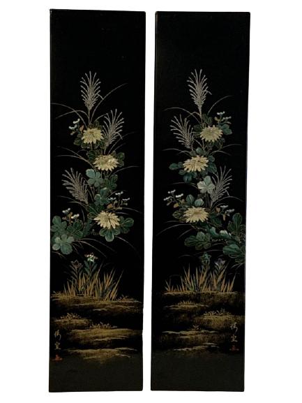 PAIR OF JAPANESE BLACK LACQUER WALL PLAQUES 24" (1 of 8)
