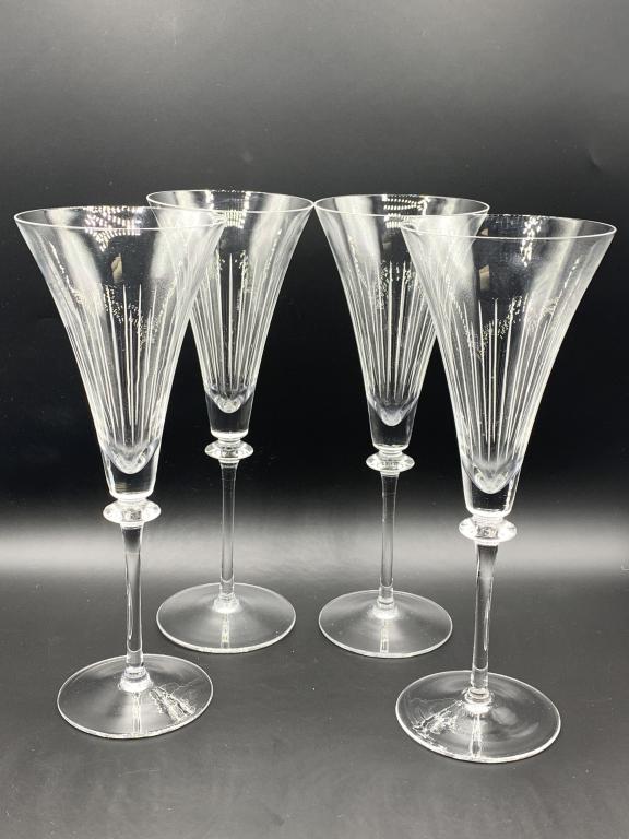 4 VTG ART DECO STYLE CRYSTAL CHAMPAGNE GLASSES: 4 VTG ART DECO STYLE CRYSTAL CHAMPAGNE STEMWARE GLASSES LUXURY BARWARE DRINKING GLASS COLLECTIBLE DECORATIVE HOME DECOR -VERY GOOD CONDITION, NO CHIPS-DP21121