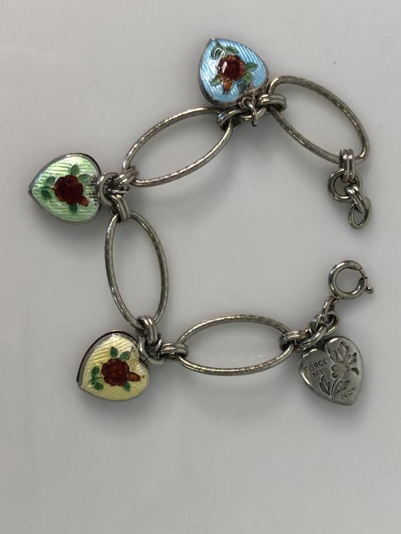 VTG STERLING & ENAMEL HEART CHARM BRACELET 7" (1 of 4)