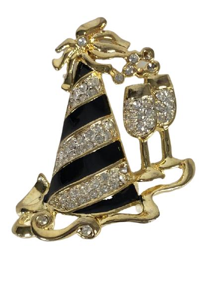 VTG PARTY HAT GOLD, ENAMEL & STONE BROOCH 2" (1 of 3)