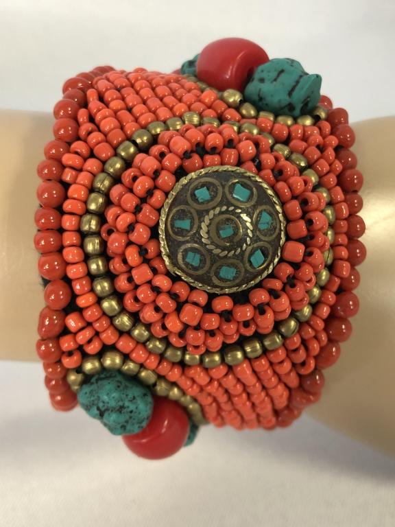 VTG INDIAN-INSPIRED BEADED CUFF W/TURQUOISE 2.5"W (1 of 4)