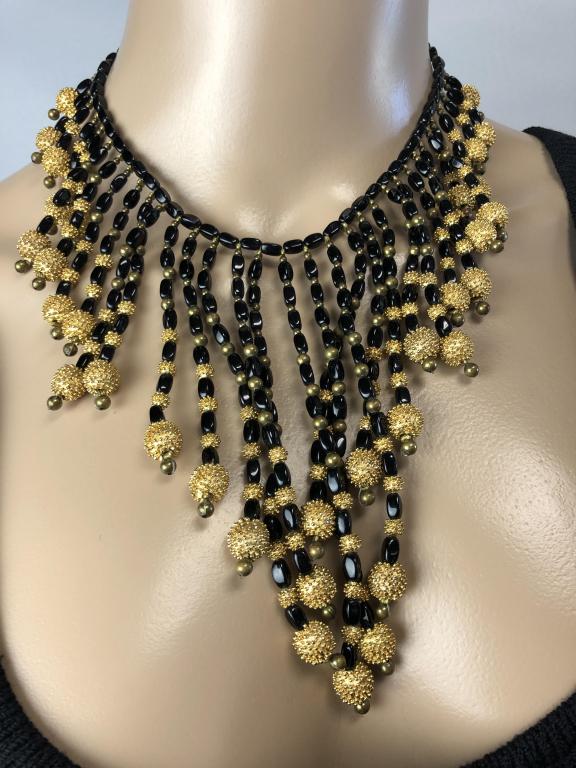 VTG BLACK & GOLD BEADED CHOKER W/DROPS 12" (1 of 4)