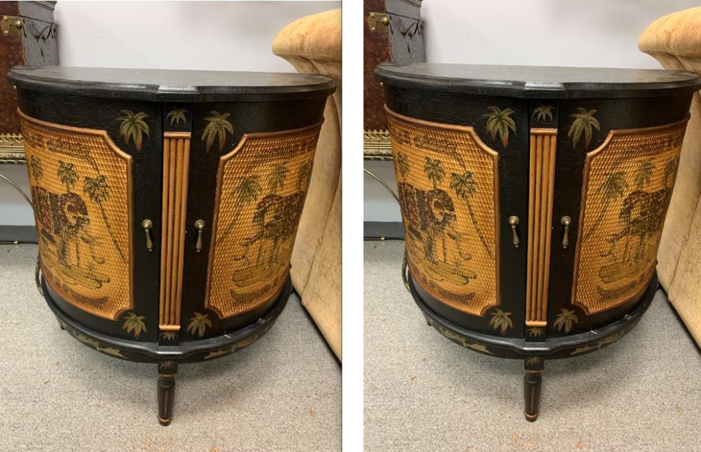 PAIR OF BLACK SAFARI MOTIFF DEMILUNE CABINETS (1 of 11)