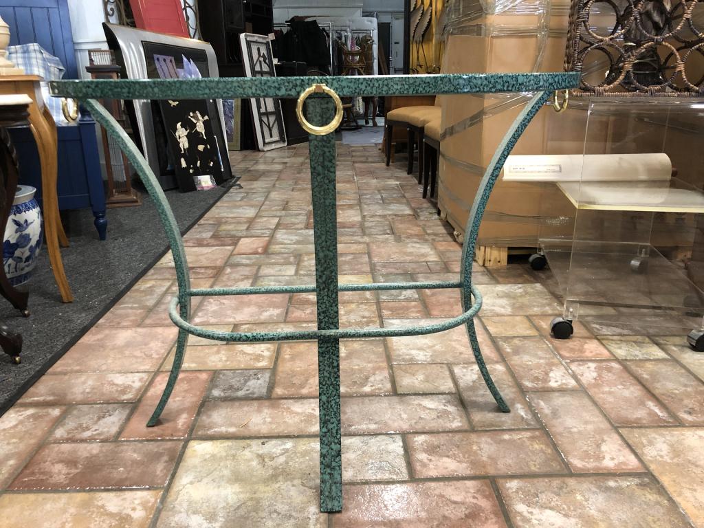 MID CENTURY GREEN MTAL AND GLASS CONSOLE TABLE: MID CENTURY GREEN MTAL AND GLASS CONSOLE TABLE -VERY GOOD PRE-OWNED CONMDITION