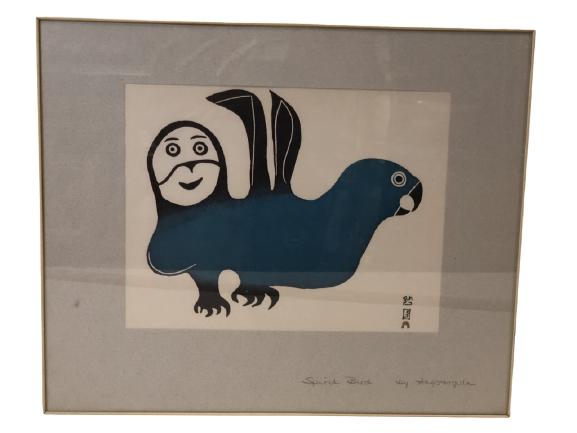 ANGOTIGULA TEEVEE "SPIRIT BIRD" FRAMED PRINT: ANGOTIGULA TEEVEE CAPE DORSET (1910-1967) "SPIRIT BIRD" WITH STAMPS FRAMED WALL ART HOME DECOR ESKIMO GRAPHIC 8.5" X 11"-VERY GOOD CONDITION