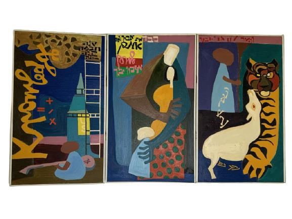 ISRAELI OUTSIDER FOLK ARTIST TRIPTYCH PAINTING 43": ISRAELI OUTSIDER FOLK ARTIST TRIPTYCH PAINTING JUDAICA JEWISH FOLK PAINTING PAINTED ON THREE CANVAS' AND HINGED TOGETHER WALL ART HOME DECOR -24.5" X 43" APPROX TOTAL-VERY GOOD CONDITION, SOME LOSS OF