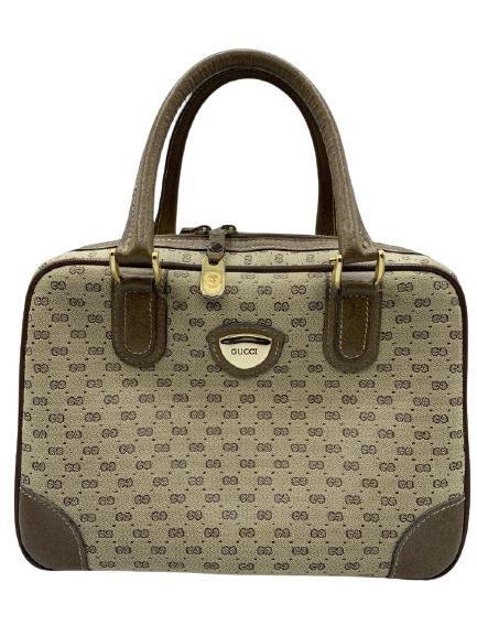 VINTAGE GUCCI MONOGRAM PURSE HANDBAG: VINTAGE GUCCI MONOGRAM PURSE HANDBAG WITH CREAM BROWN LEATHER HANDLES AND ZIPPER LUXURY WOMENS ACCESSORIES HANDBAGS PURSES BAGS LUXE ACCESORY COLLECTIBLE COLLECTOR ITALIAN FASHION-VERY GOOD CONDITION
