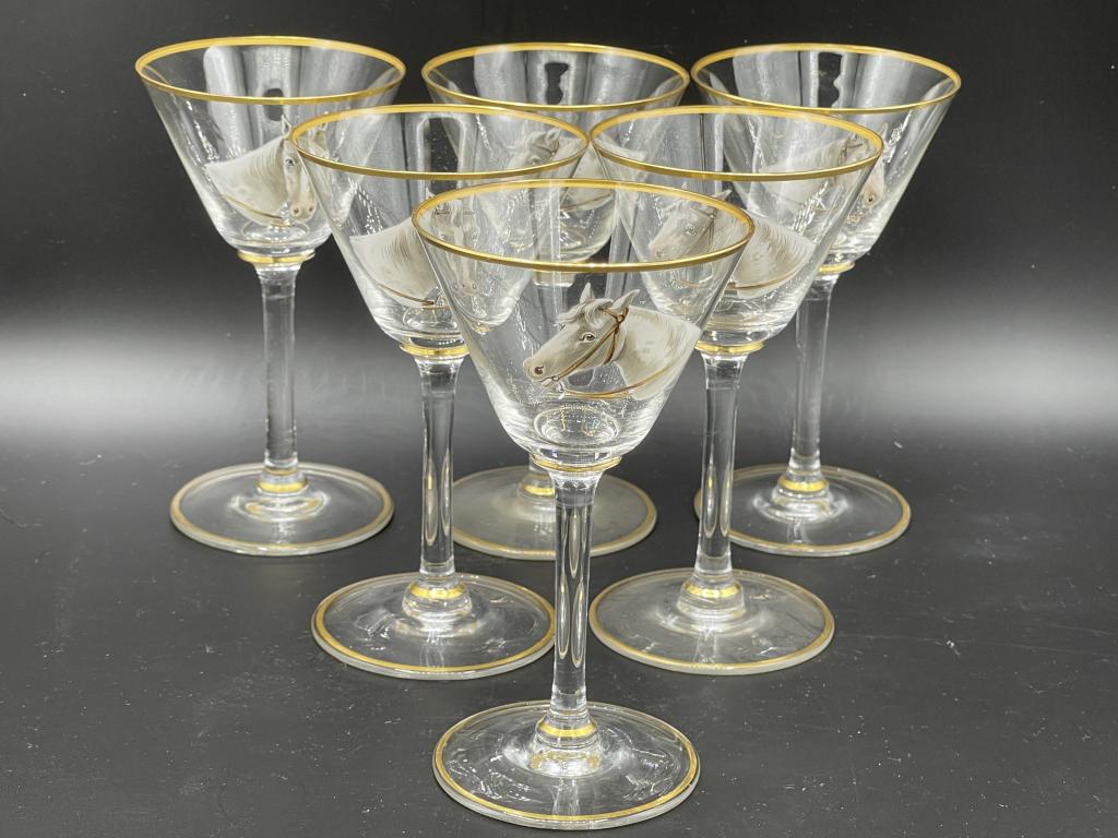 SET OF 6 VINTAGE ARABIAN HORSE GLASES W/ GOLD TRIM: SET OF 6 VINTAGE ARABIAN HORSE GLASES W/ GOLD TRIM