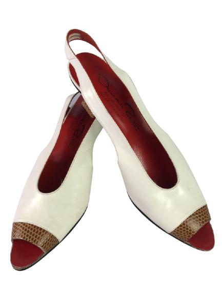 VTG OSCAR DE LA RENTA WHITE SLINGBACKS SIZE 10: VTG OSCAR DE LA RENTA WHITE SLINGBACKS SIZE 10 - WHITE LEATHER WITH BROWN LIZARD PEEP TOE- RED LINING- 2.75" HEEL- VERY GOOD VINTAGE CONDITION