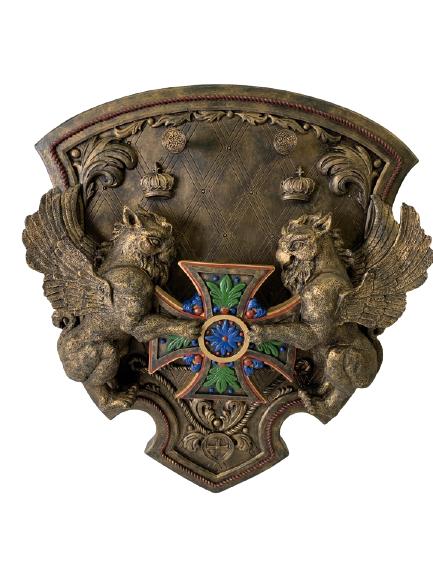 TEMPLAR KNIGHTS CRUSADER WALL MOUNT SWORD HOLDER: MEDIEVAL STYLE 12TH CENTURY SUMMIT COLLECTION ESPADA TEMPLAR KNIGHTS CRUSADER SWORD WALL MOUNT DISPLAY / HOLDER WITH COAT OF ARMS STYLE PLAQUE FOR COLLECTIBLE SWORDS COMPOSITE MATERIAL -14" X 11" APPR