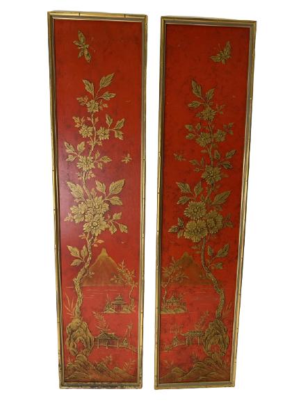 PAIR OF RED CHINOISERIE DECORATIVE PANELS WALL ART: PAIR OF RED CHINOISERIE DECORATIVE PANELS WITH GOLD FAUX BAMBOO BORDER FRAME WALL ART LOTUS CHERRY BLOSSOM BUTTERFLY PAGODA ASIAN MODERN LANDSCAPE HOME DECOR-35" X 9" APPROX TO EACH-VERY GOOD CONDITIO