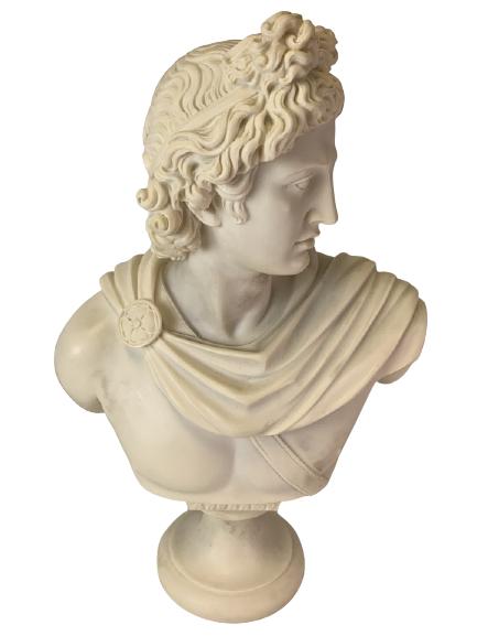 VINTAGE GREEK GOD APPOLLO BUST BY PEGASUS 21": ALABASTER STYLE COMPOSITE GREEK GOD OF MUSIC APPOLLO BUST BY PEGASUS SCULPTURE SHOWCASE PIECE STATUE SCULPTURES ART HOME DECOR HOME STAGING COLLECTIBLE ARTS -21" X 14" X 5" APPROX-VERY GOOD CONDITION-