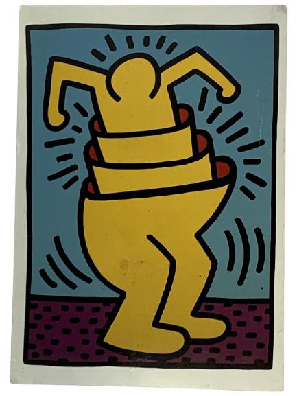 VINTAGE 1997 KEITH HARING POSTCARD PRINT FRAMED 8": VINTAGE 1997 KEITH HARING POP SHOP POSTCARD FROM THE ESTATE OF KEITH HARING FEATURING THE ARTWORK " UNTITLED 1989" PRINT FRAMED POP ART COLLECTIBLE COLLECTOR WALL ART STREET ART HOME DECOR WARHOL BASQ
