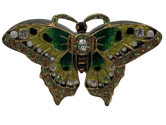 JAY STRONGWATER STYLE BUTTERFLY TRINKET BOX 4": VINTAGE JAY STRONGWATER STYLE ENAMELED MONARCH BUTTERFLY BUTTERFLIES TRINKET BOX JEWEL BOX COLLECTIBLE KEEPSAKE WITH 2 SIDED DOUBLE BACK WING OPENINGS COLLECTOR HOME DECOR SHOWCASE PIECES -2.5" X 4" A