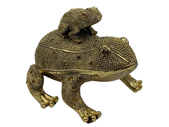 J. STRONGWATER STYLE GOLD FROGS TRINKET BOX 3.5": VINTAGE JAY STRONGWATER STYLE GOLD AND JEWEL FROG(S) AND SMALLER FROG / TOAD ON HIS/ HER BACK WITH MAGNETIC HOLD TRINKET BOX JEWEL BOXES COLLECTIBLE KEEPSAKE COLLECTOR HOME DECOR SHOWCASE PIECES -3" X