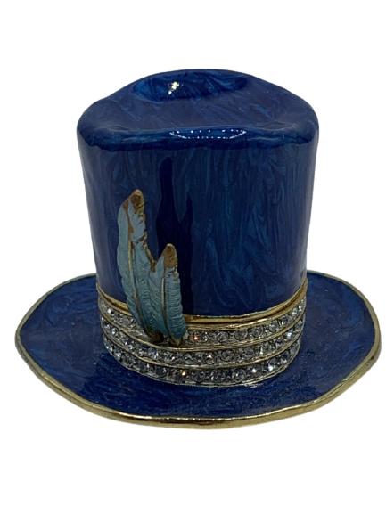 VINTAGE RUCINNI TOP HAT TRINKET BOX 2": VINTAGE RUCCINNI ENAMEL AND JEWEL WELL DRESSED MAN TOP HAT WITH FEATHER TRINKET BOX JEWEL BOXES COLLECTIBLE KEEPSAKE COLLECTOR HOME DECOR SHOWCASE PIECES J STRONGWATER STYLE-1.5" X 2" APPROX -VERY GOO