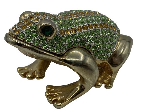VINTAGE RUCINNI FROG / TOAD TRINKET PILL BOX 2.5": VINTAGE JAY STRONGWATER STYLE RUCINNI GOLD AND GREEN CRYSTAL JEWELS FROG TOAD TRINKET BOX JEWEL BOXES COLLECTIBLE KEEPSAKE COLLECTOR HOME DECOR SHOWCASE PIECES JAY STRONGWATER STYLE -1.5" X 2.5" APPRO