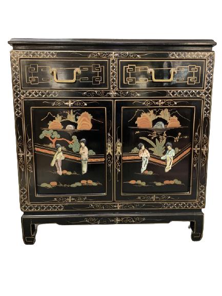 VTG BLACK LACQUER CHINOISERIE STORAGE CABINET 30": VTG BLACK LACQUER CHINOISERIE RELIEF CABINET WITH RAISED RELIEF PAGODA AND LOTUS TREE DETAILS UNDER GLASS TOP - ASIAN MODERN HOME DECOR HOME STAGING INTERIOR DESIGN SIDEBOARD CABINETS -30" X 27" X 12"