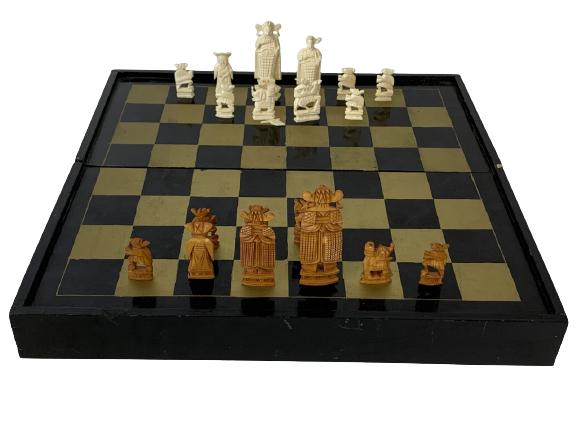 ASIAN STYLE HANDMADE CHESS BOARD & CARVED PIECES: VINTAGE ASIAN STYLE HANDMADE CHESS BOARD & CARVED PIECES POSSIBLY VIET NAM WAR SOUVENIR THE 60'S DECORATIVE HOME DECOR AD HOME OFFICE DESK DECOR MANTIQUES LIBRARY STUDY DECOR-13" X 13" OPEN-PIECES 3" 