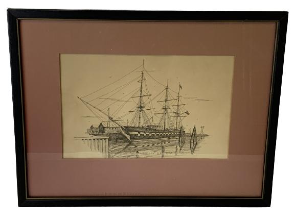 U.S.S. CONSTITUTION "OLD IRONSIDES" ETCHING 16": U.S.S. CONSTITUTION "OLD IRONSIDES" ETCHING WAR MEMORABILIA NAVAL SHIPS UNITED STATES NAVY COLLECTIBLE HOME DECOR MANTIQUES HOME OFFICE LIBRARY STUDY DECOR -13" X 16" APPROX TO FRAME-VERY GOOD CONDITI