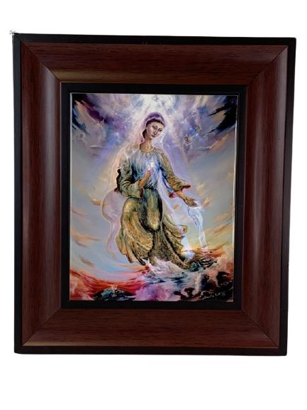 JACQUELINE RIPSTEIN HEALING ART PAINTED TILE 15": JACQUELINE RIPSTEIN "OUR LADY OF THE UNIVERSE" HEALING ART PAINTED TILE WALL ART MEXICAN ARTISTS DECORATIVE HOME DECOR -15" X 13" APPROX TO FRAME-VERY GOOD CONDITION-DP21721