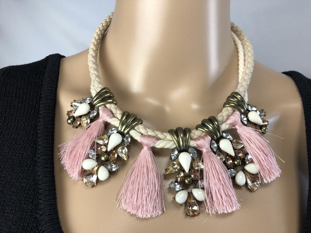 VTG BAUBLE BAR LEATHER & METAL TASSEL CHOKER 8": VTG BAUBLE BAR LEATHER & METAL TASSEL CHOKER 8" - BRAIDED BEIGE LEATHER WITH METAL, STONE & PINK TASSEL DROPS- ADJUSTABLE CLOSURE- GOOD VINTAGE CONDITION