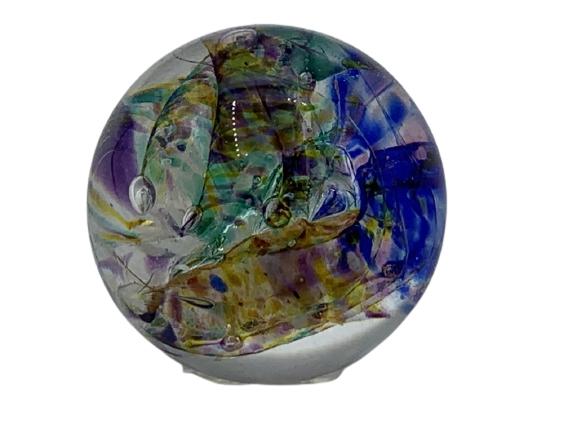 VINTAGE MURANO STYLE ART GLASS SCULPTURE 2": VINTAGE HERBERT A. THOMAS MURANO STYLE ART GLASS SCULPTURE DECORATIVE HOME DECOR INTERIOR DESIGN COLLECTIBLE GLASS MARBLES SPHERE GLOBE SCULPTURES -2" DIAMETER APPROX-SIGNED ILLEGIBLE ON BOTTOM 1988-V